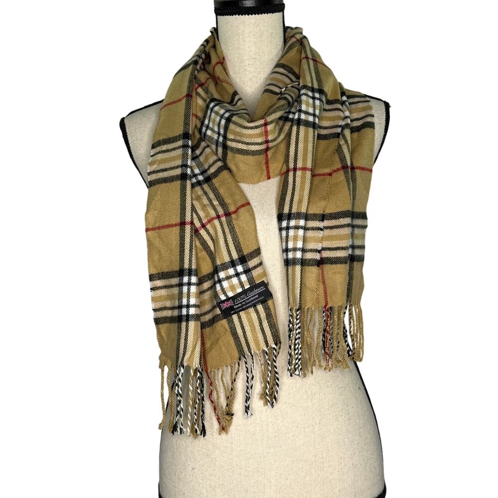 Scotland Made 100% Cashmere Scarf Plaid Nova Fringe Beige Black